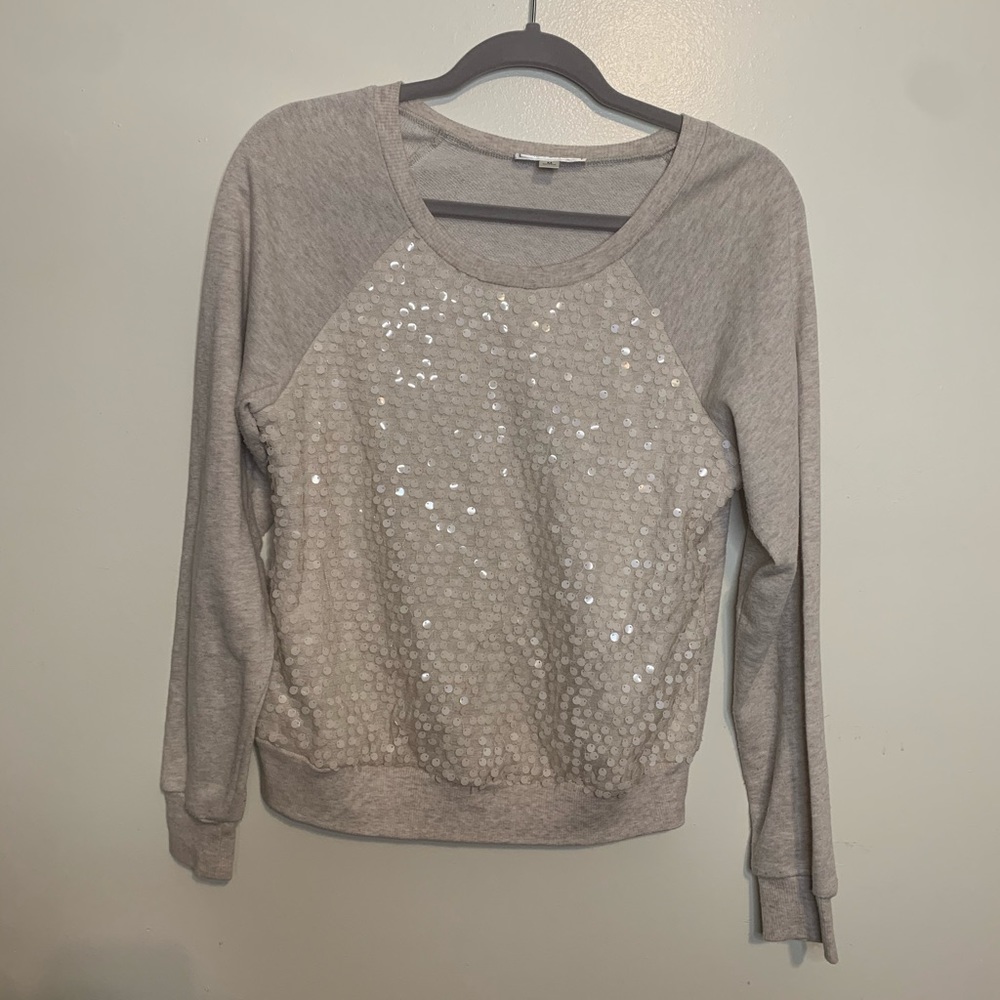 Iris Basic Cream Sequins Crew Neck Sweatshirt Top - image 2